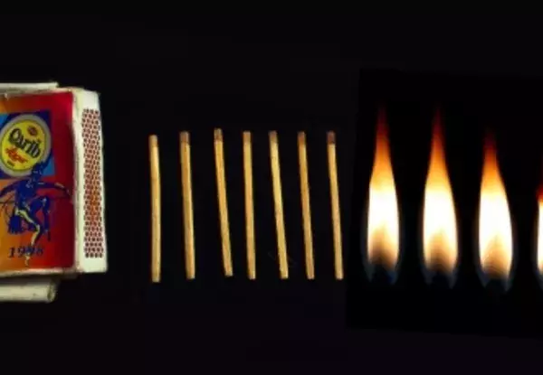 Match box, matches, and flames lined up in a row