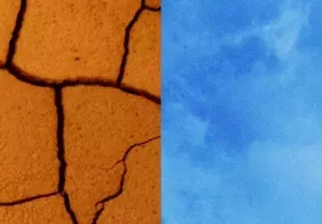 Two images juxtaposed of dirt and sky