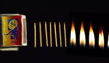 Match box, matches, and flames lined up in a row