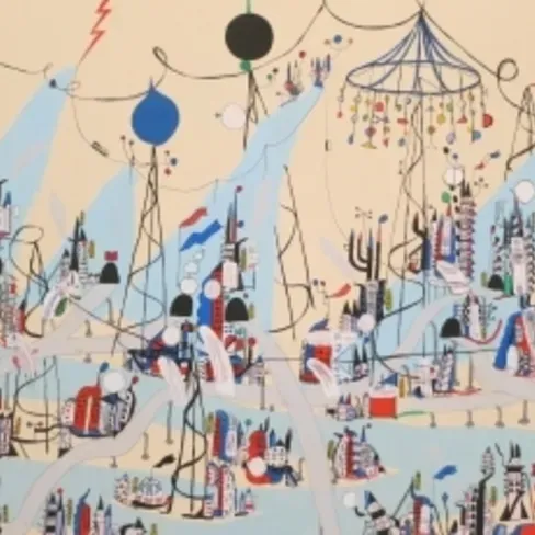 Illustration of a city with a fair happening