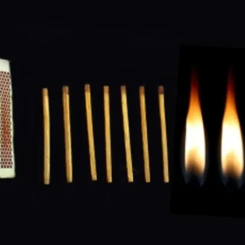 Match box, matches, and flames lined up in a row